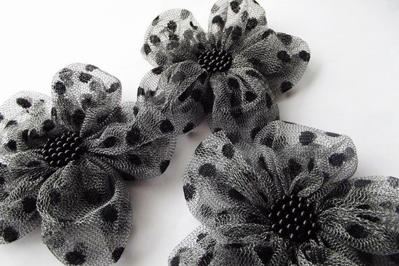 Grey Tulle with Black Dots Flowers Handmade Appliques Embellishments(3 pcs)