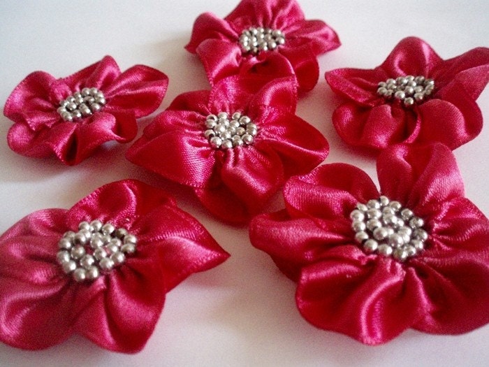 Handmade Fushia Ribbon Flower Appliques Embellishments(6pcs)