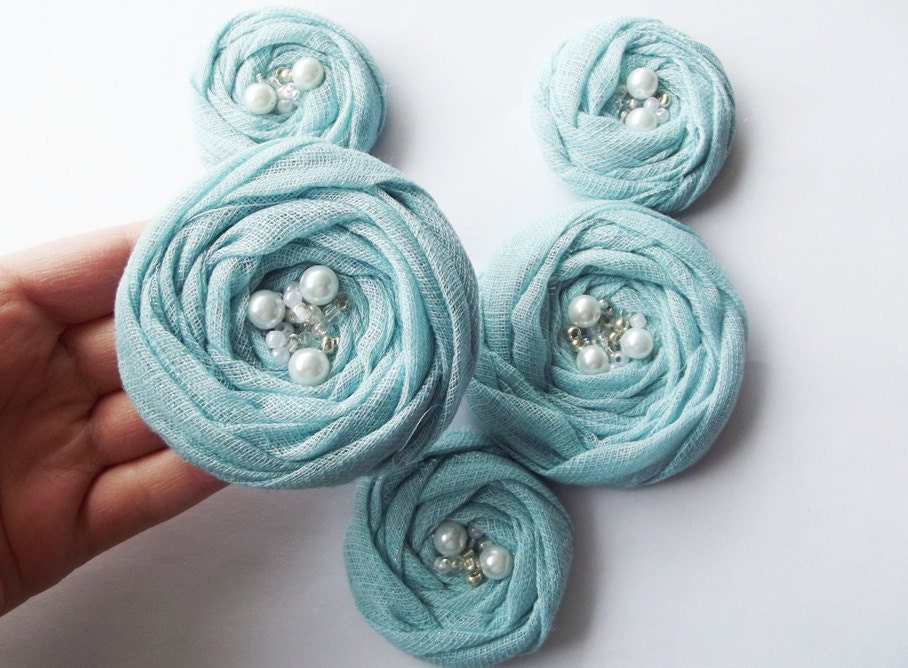 Blue Cotton Roses Handmade Appliques Embellishments(5 pcs)