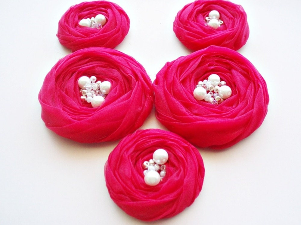 Cranberries Chiffon Roses Handmade Appliques Embellishments(5 pcs)