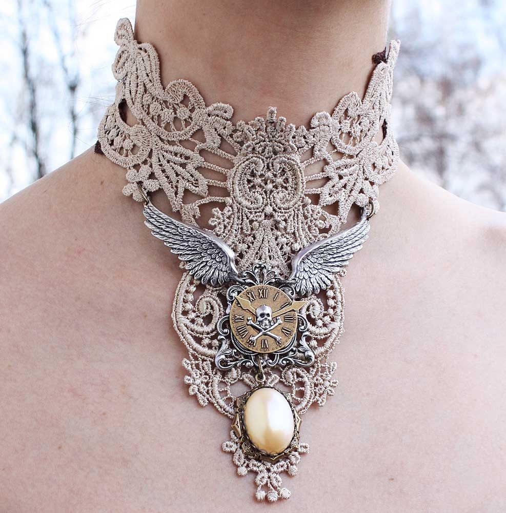 PRE ORDERING item Steampunk choker Ivory venice victorian lacer collar with elegant pearl pendant angels wings skul watch necklace