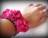 Unique beautiful leather and fabric CUFF / bracelet - bright PINK flowers- brown leather- excellent quality - 2 sizes