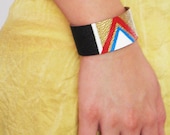 Tribal / Chevron Style / Stripes -- BLACK, GOLDEN, red, white and BLUE, Leather Bracelet / Cuff