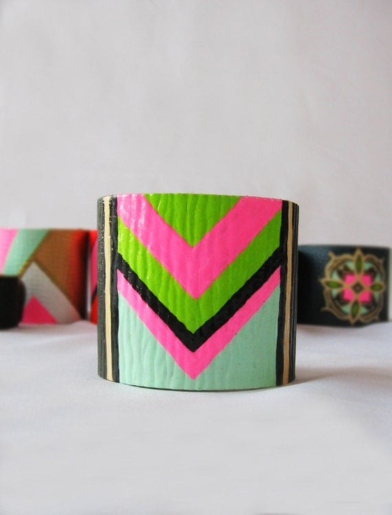 Colorful Tribal / Chevron Style / NEON (Blue, Green, Black, Pink and Beige) Leather Bracelet / Cuff