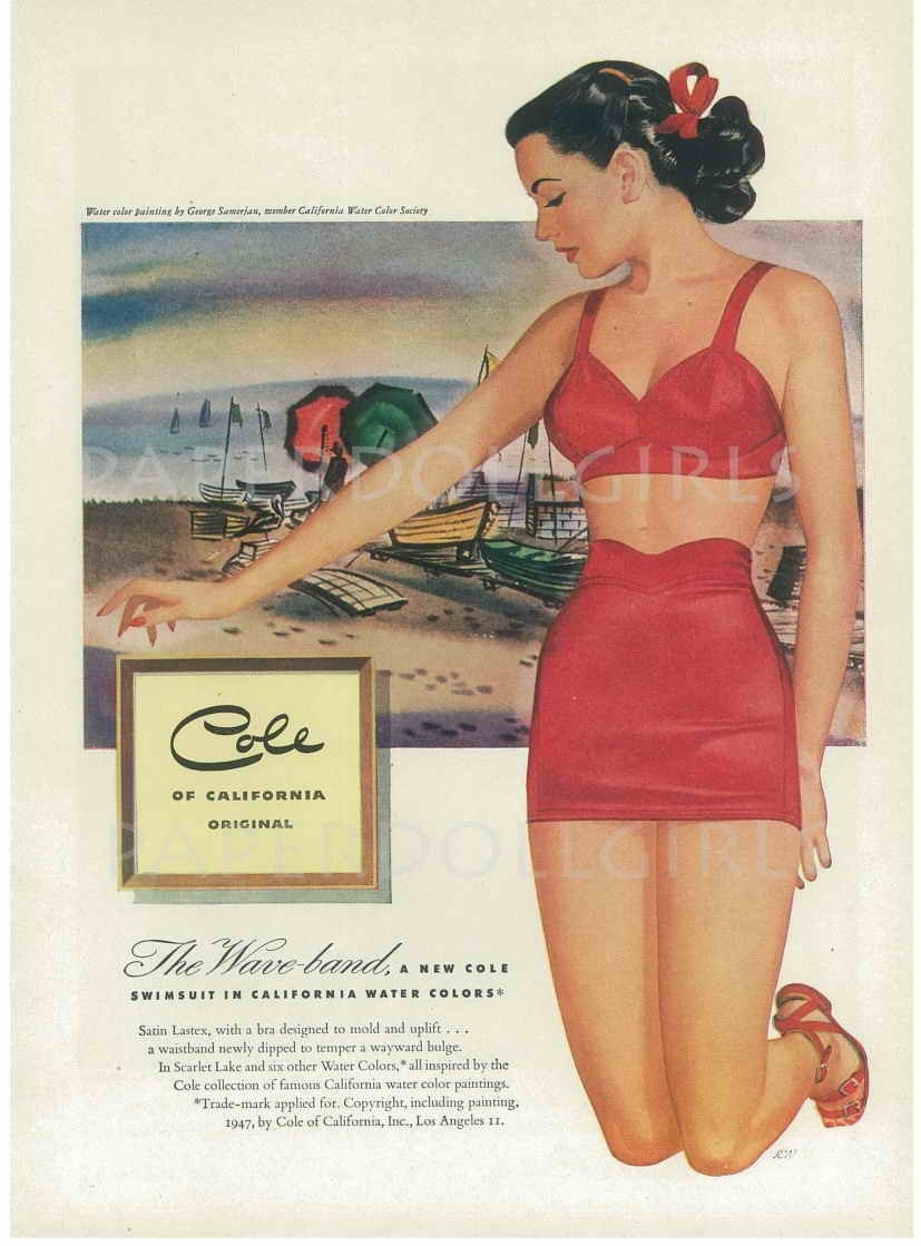 Vintage Bathing Suit Ad(vertisement) 1948 MADEMOISELLE Fashion Magazine Pin Up Girl COLES of CALIFORNIA Swimsuit Bathing Suit Bathers