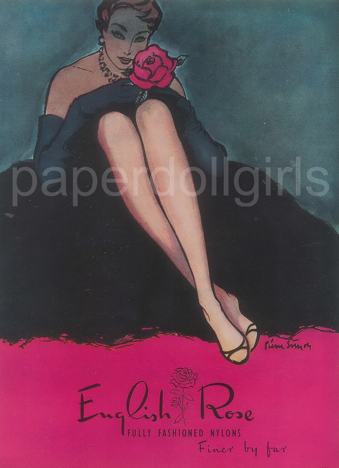 Fashion Magazine Ad, Vogue UK 1953, English Rose, Hosiery, Stockings, Wolsey, Dress, Fashion Illustration, Paper Ephemera, Ad, Wall Art