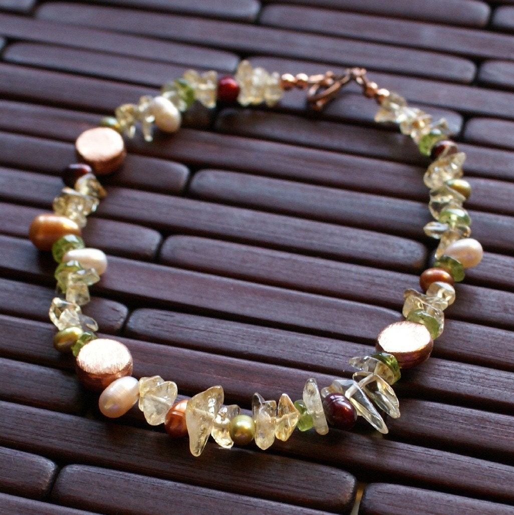 Early Autumn Anklet in Citrine, Peridot, Pearls and Copper