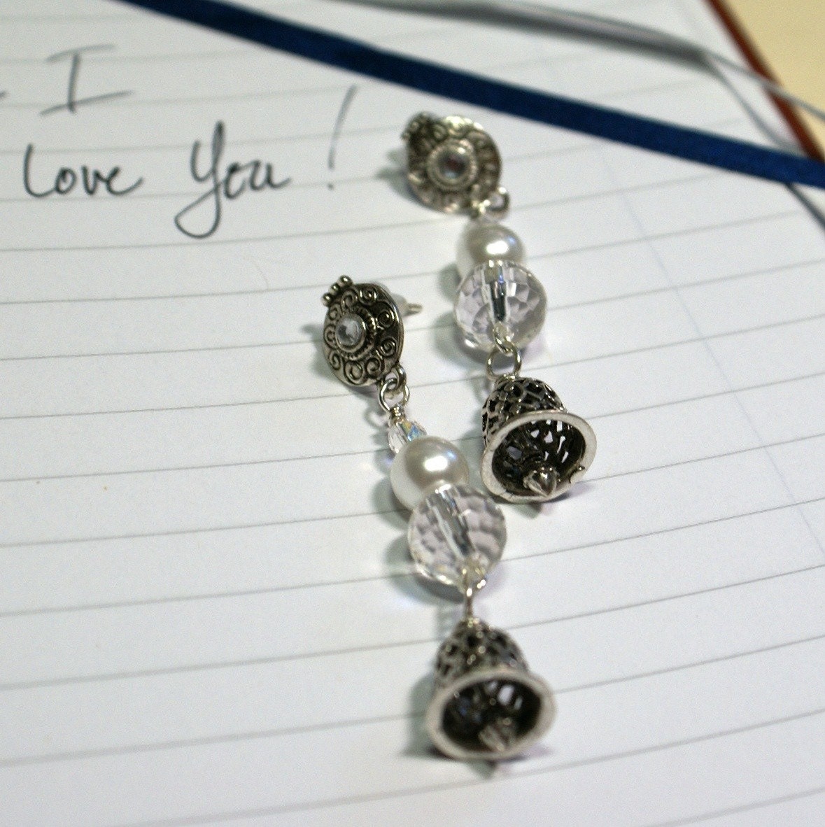 Silver Bell Wedding Earrings - Pearl, Quartz Crystal and Sterling Silver