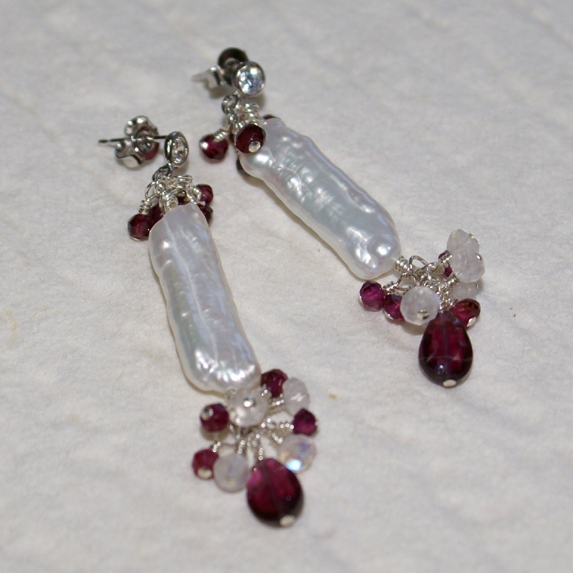 Blushing Love Earrings - Pearl, Garnet and Moonstone Earrings in Sterling