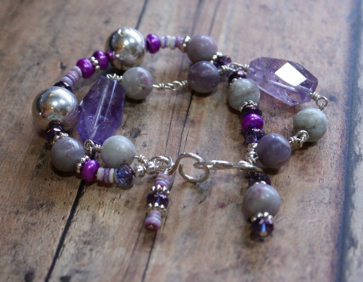 A Purple Peace Bracelet - Amethyst, Lepidolite, FW Pearl and Sterling Silver Bracelet
