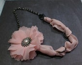 Drama in Pink - Vintage Inspired Chiffon Fabric and Rhinestone Rose Necklace