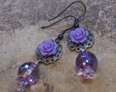Lavender Love Earrings - Purple Rose on Filagree with Faceted Czech Glass Dangle