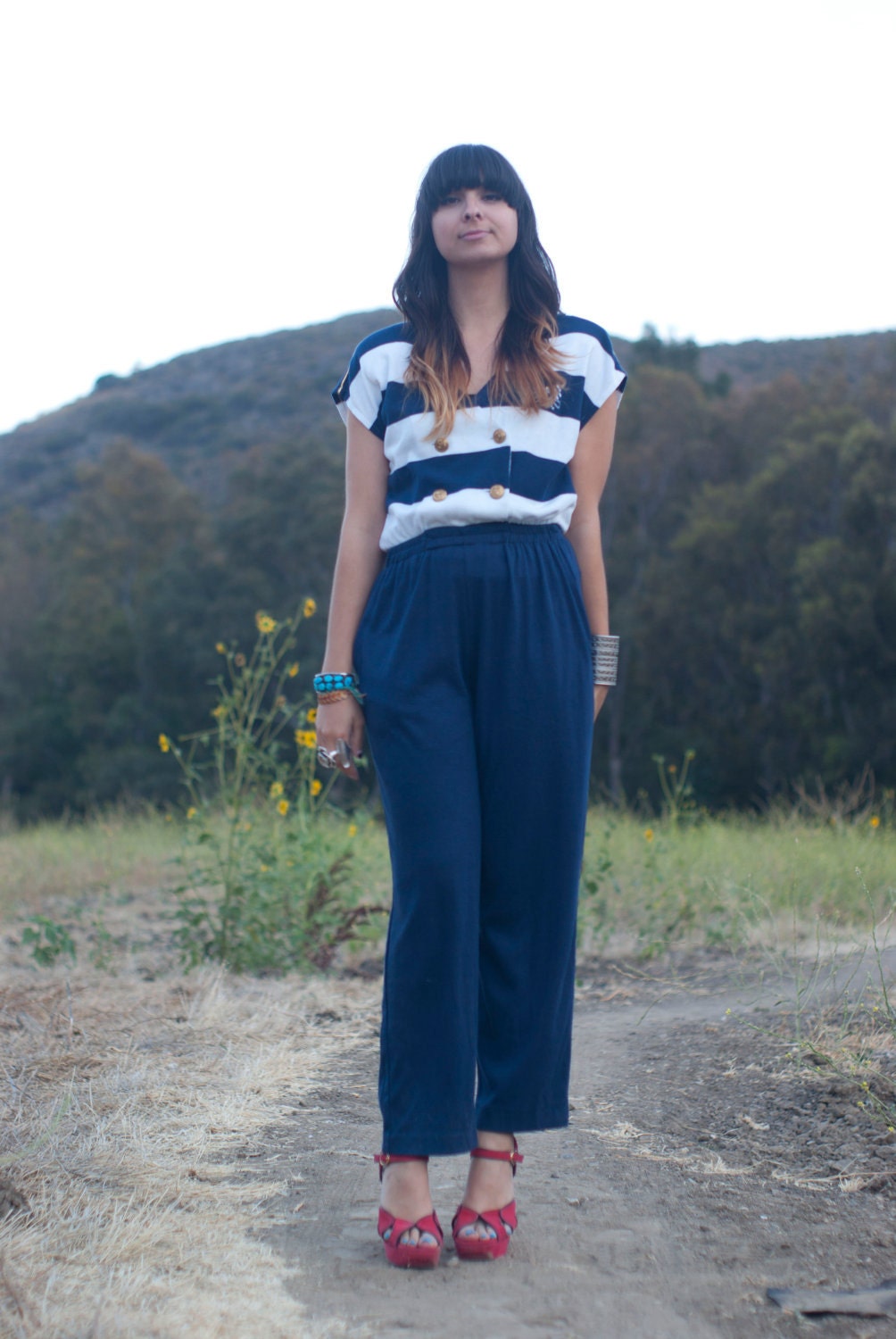 Vintage 80s Nautical Pantsuit Jumpsuit Short Sleeve Navy Blue