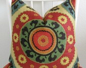 Decorative pillow cover - Throw pillow - Suzani pillow - 22x22 - Red - Rustic gold- Green - Suzani -  Medallion - Designer fabric