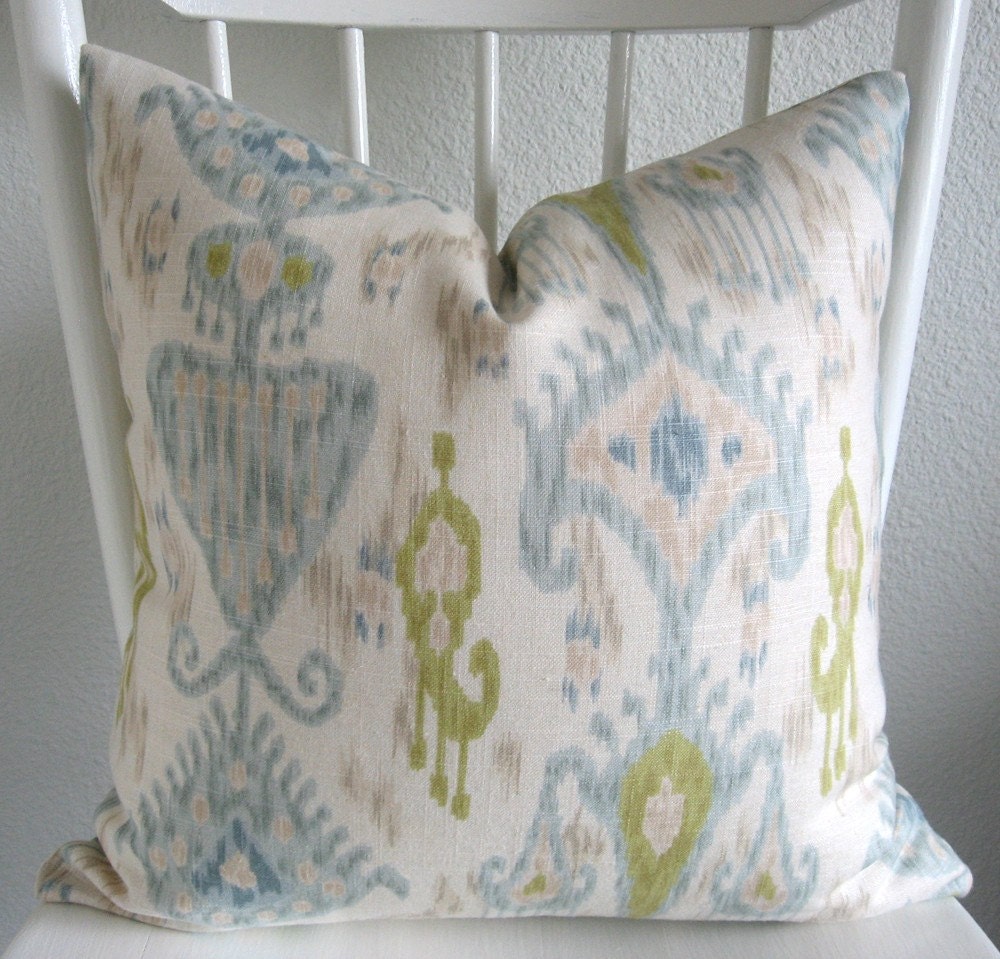 ONE new 18x18 ikat, ivory, light blue, and green ikat, linen, designer fabric, pillow cover, throw pillow, toss pillow, decorative pillow