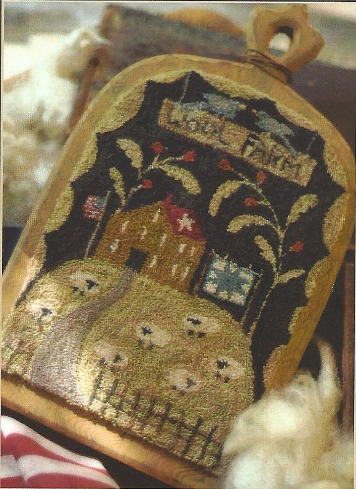 Primitive Folk Art Punchneedle Pattern:  WOOL FARM -- Pre-printed weavers cloth included