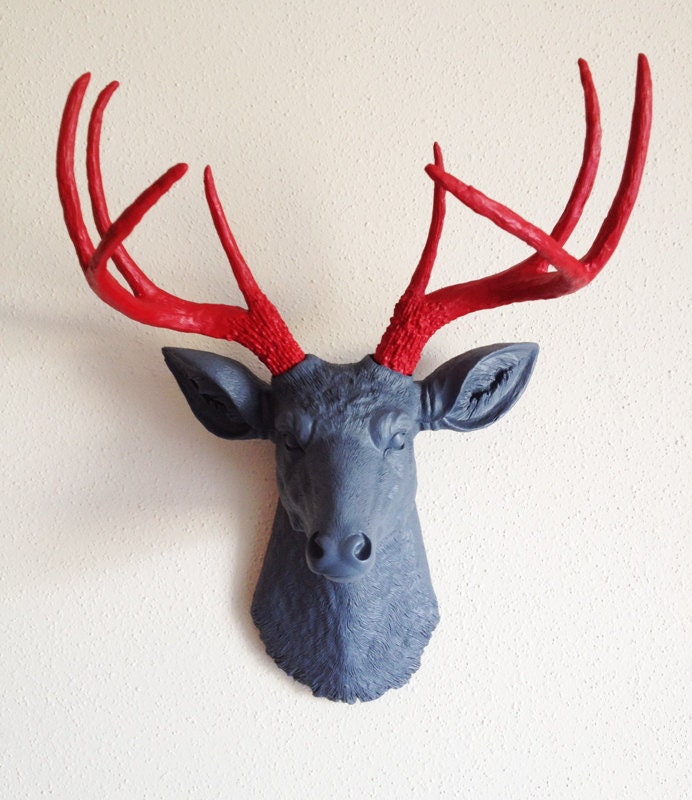Charcoal & Red Deer Head Wall Mount