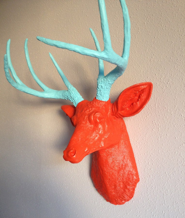 Orange & Robins Egg Blue Deer Head Wall Mount