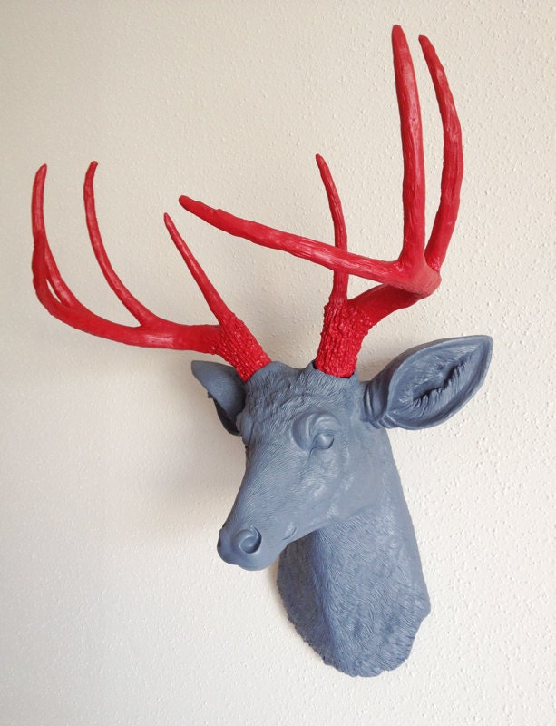 Charcoal & Red Deer Head Wall Mount