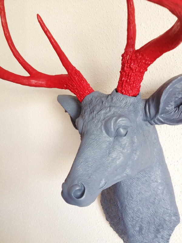Charcoal & Red Deer Head Wall Mount