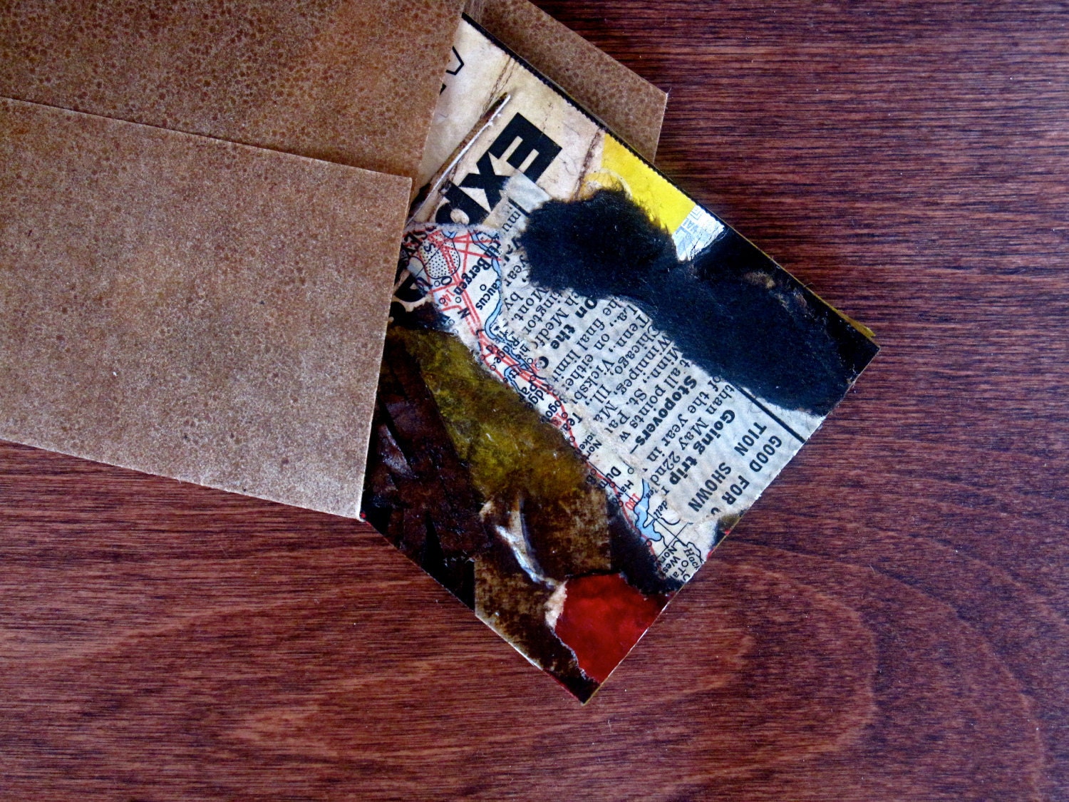 Mixed Media Industrial Art ACEO Original - Brown, Yellow, Red Vintage Mini Collage in Kraft Envelope- Transit(ion) No. 1 - Father's Day Gift