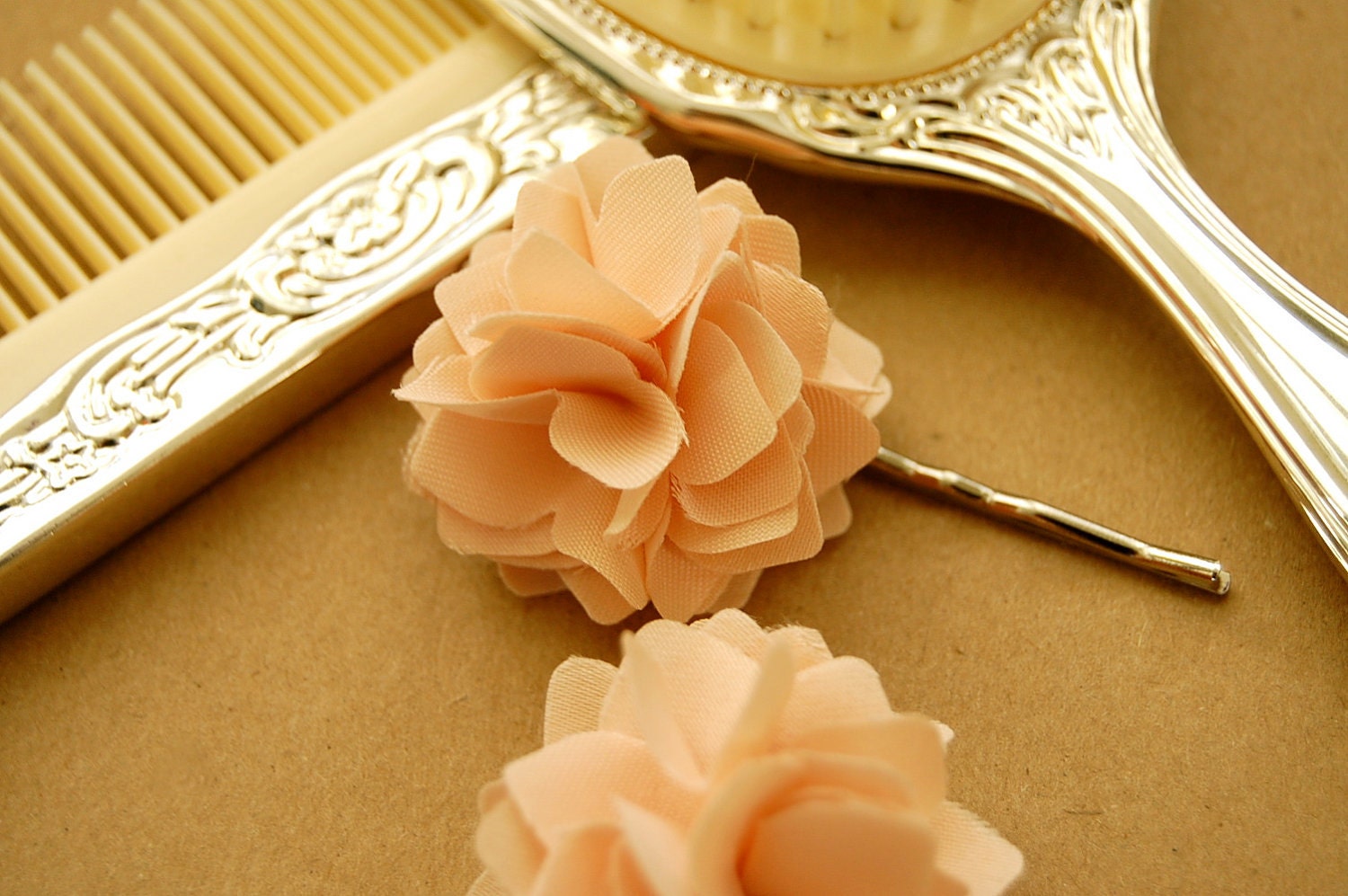 Pale Peach Fabric Flower Bobby Pins or Alligator Clips - Set of 2  for Bridal, Weddings, or Everyday Wear