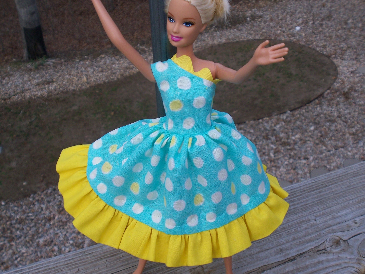 barbie doll dress teal, dandelion polka dotted
