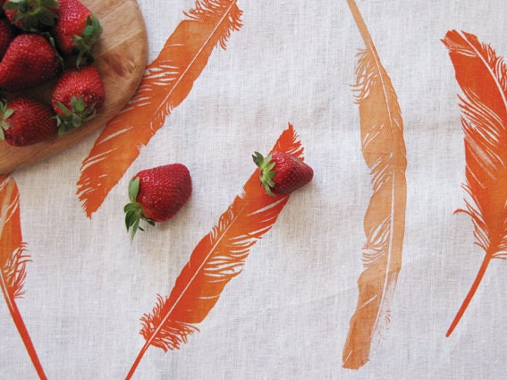 Tangerine Feathers Tea Towel - hand screen printed on Eco friendly Linen