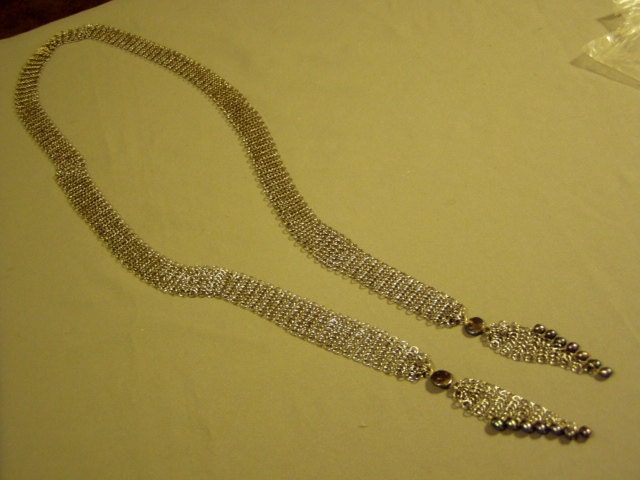 Vintage Silver Tone Chain Link Mesh Lariat Necklace WIth Freshwater Gray Pearls 1606