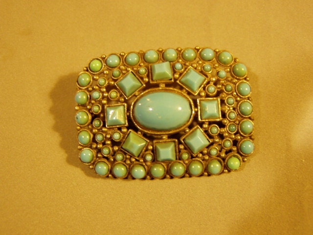 Victorian Silver Tone Turquoise Glass Stone Sash Pin Brooch 1769