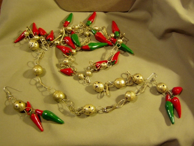 Vintage Mexican Mexico Silver Wedding Bead Necklace Earrings Pepper Charms 2118
