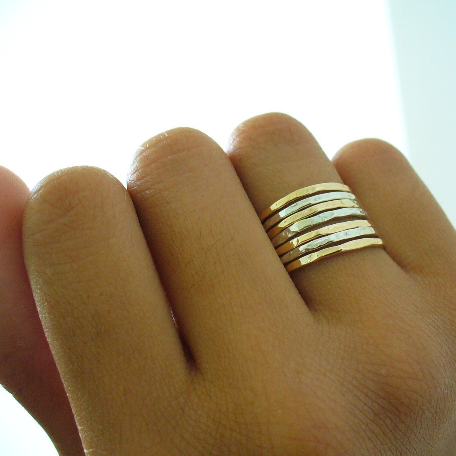Hammered Sterling Silver 12 kt Gold Filled 7 Band Stack Ring Set