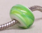 Handmade Large Hole Lampwork Bead - Fits European Charm Bracelets, White with Green Swirl