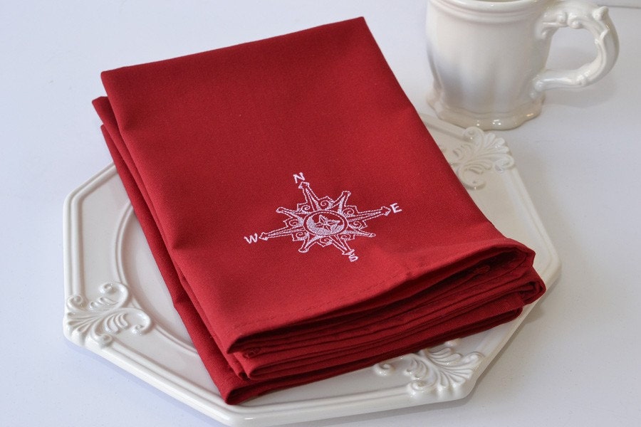 Dinner Cloth Napkins , Nautical Compass Personalized Custom Embroidery Americana Beach Seaside - Set of 2