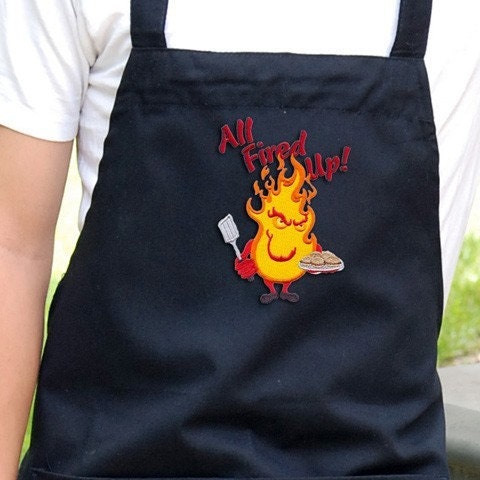 Mens Grilling Apron , Chef Bib Apron with Pockets Embroidered All Fired Up Saying Optional Personalization Available