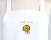 Womens Apron , Chef Bib Apron with Pockets Embroidered Whimsical Lollipop, Custom Colors Available Optional Personalization Available