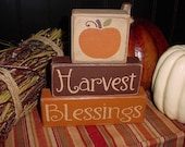 Harvest Blessings Wood Sign Shelf Blocks Primitive Country Rustic Holiday Seasonal Home Decor
