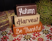 Autumn Harvest Be Thankful Wood Sign Shelf Blocks Primitive Country Rustic Holiday Seasonal Home Decor