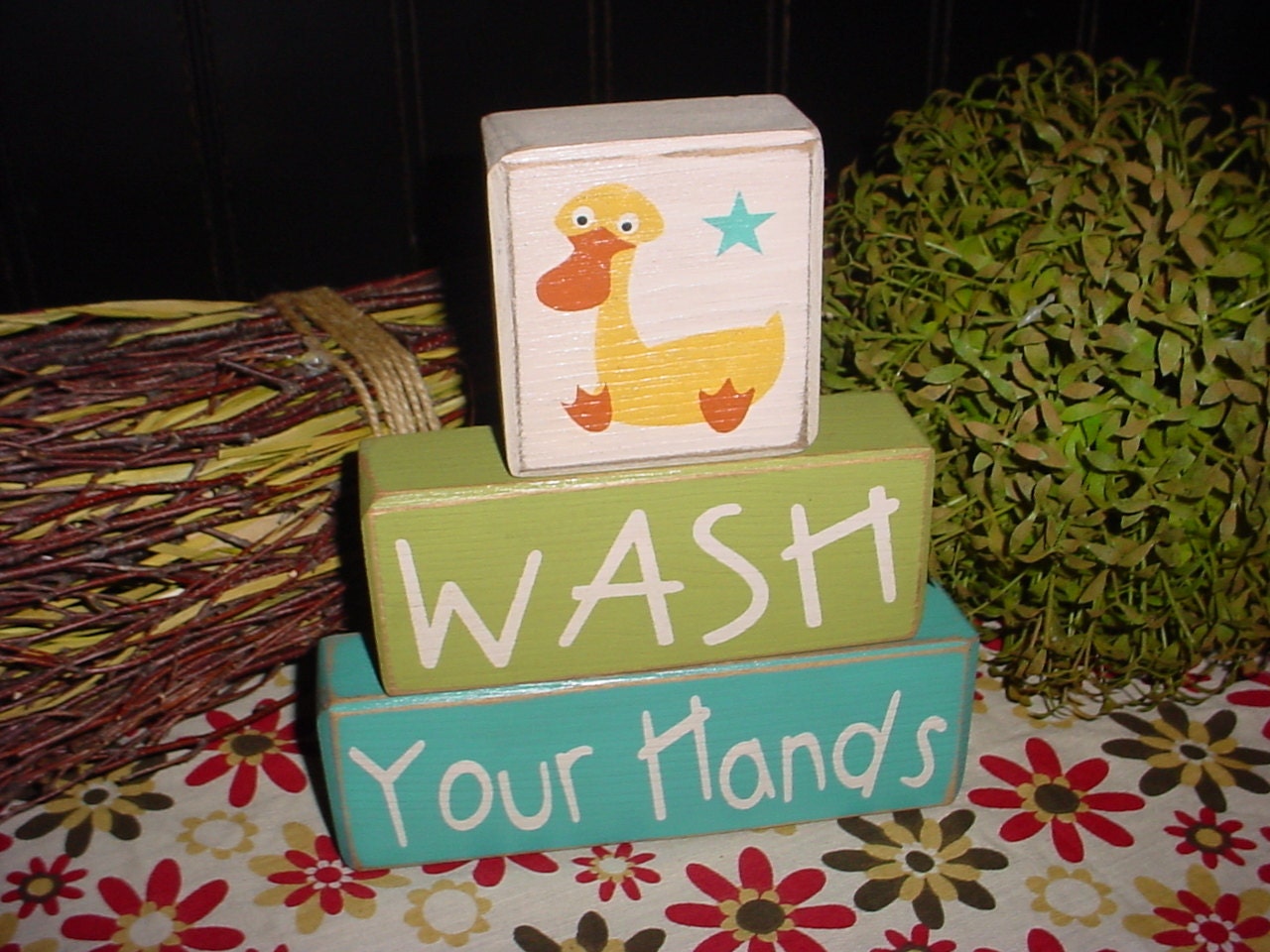 WASH YOUR HANDS Duck Frog Monkey Hand Finger Prints Children Kids Bath Room Decor Primitive Wood Sign Stacking Blocks Distressed