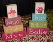Happy BIRTHDAY Cupcake Owl Children Boys Girls Primitive Word Blocks Sign Distressed Stacking Shelf Blocks Home Decor Gift