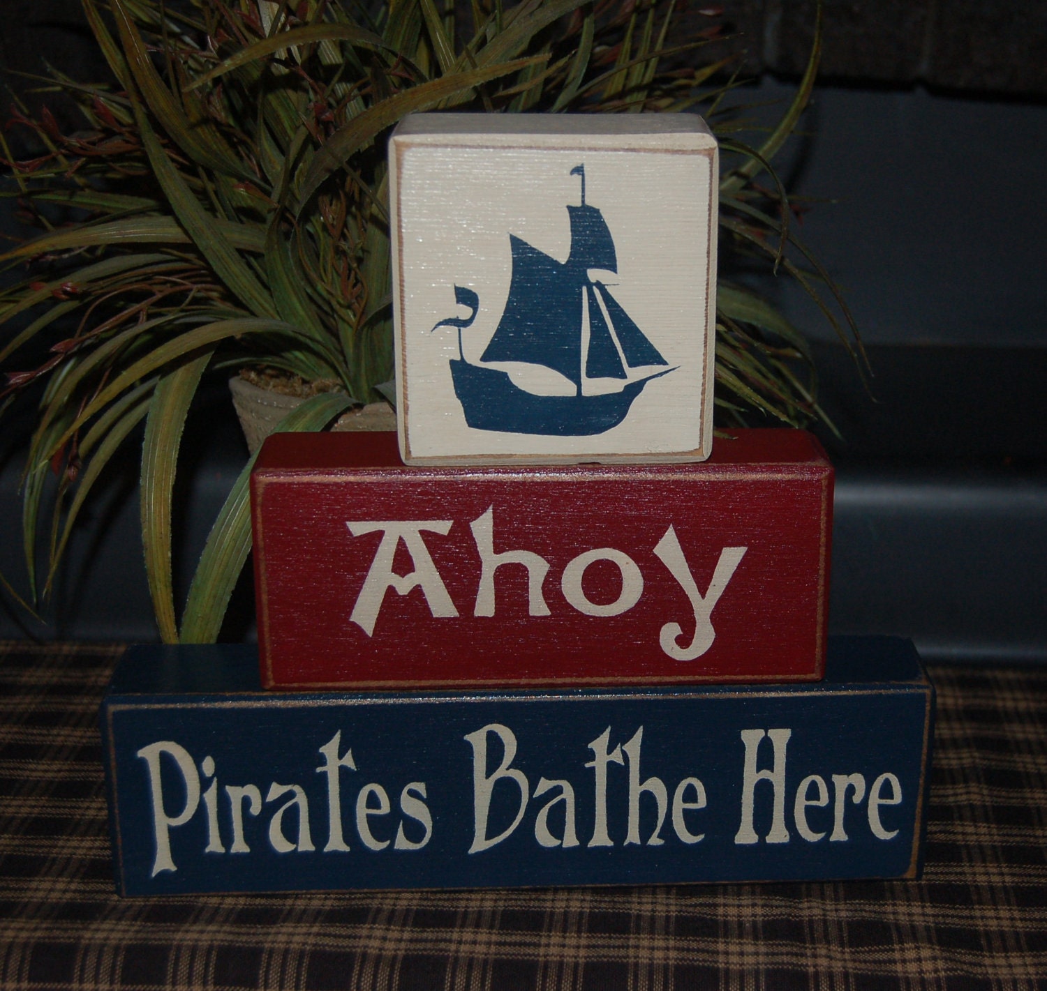 PIRATES Bathe Here AHOY Wood Sign Shelf Sitter Blocks Primitive Country Rustic Bath Home Decor Gift