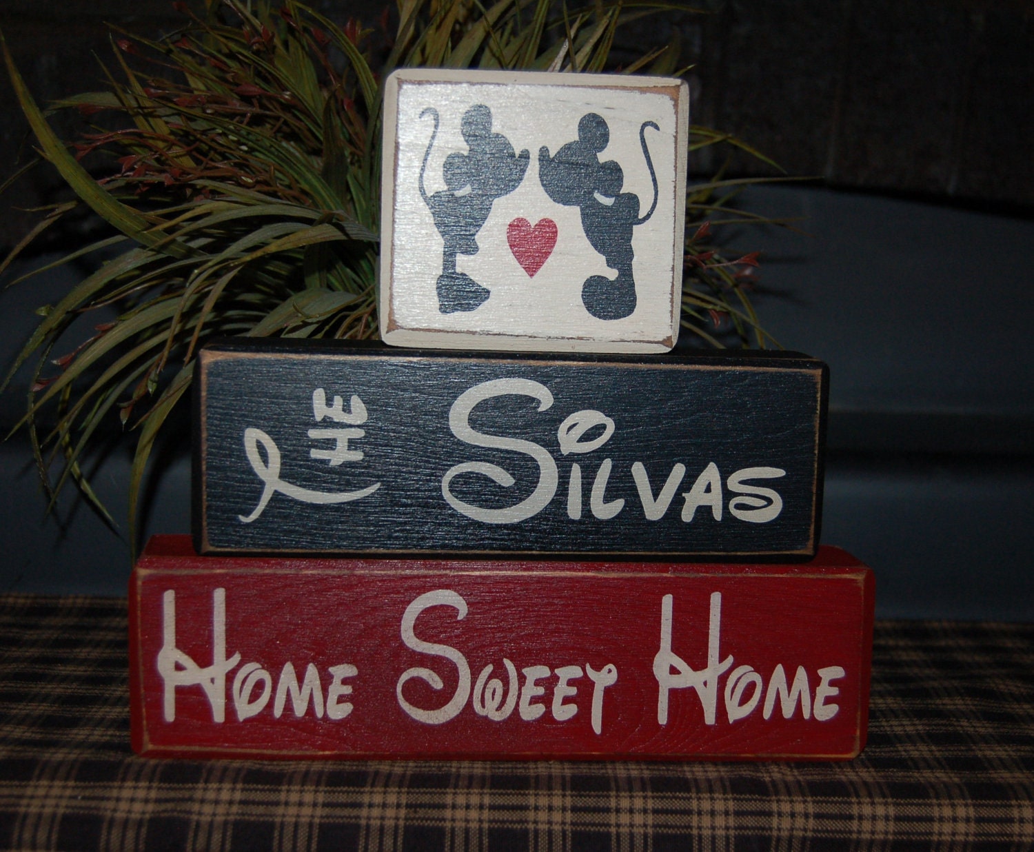 MICKEY MOUSE Home Sweet Home Family Last Name Established Date PERSONALIZED Wedding Wood Sign Blocks Primitive Country Rustic Home Decor
