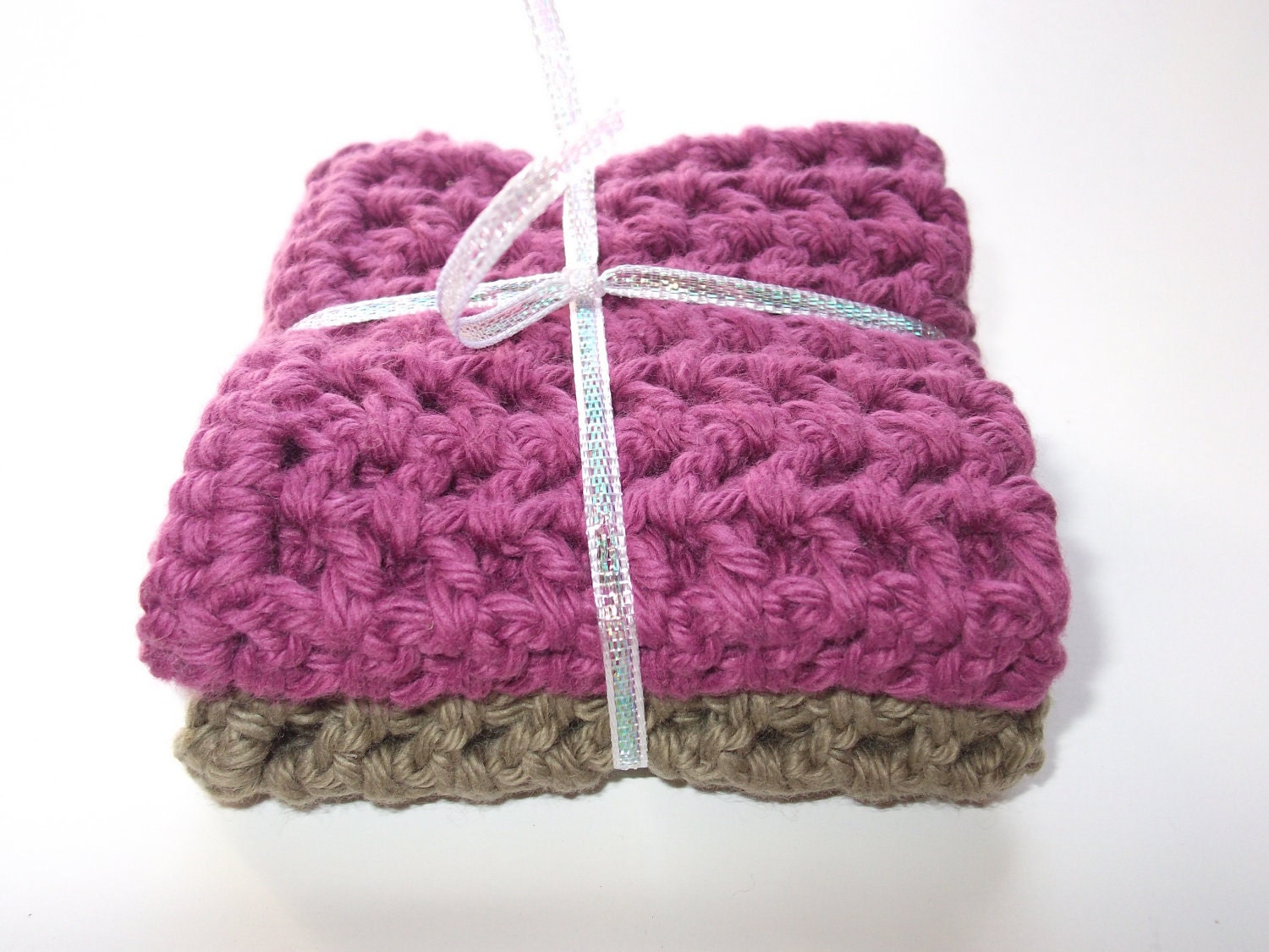 Set of 2 Crochet Cotton Wash Cloths in Bold Fuchsia and Olive Green - 8 x 8 inches