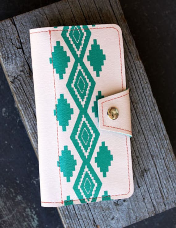 Southwestern Native American Print Womens Wallet Clutch Salmon and Turquoise Print
