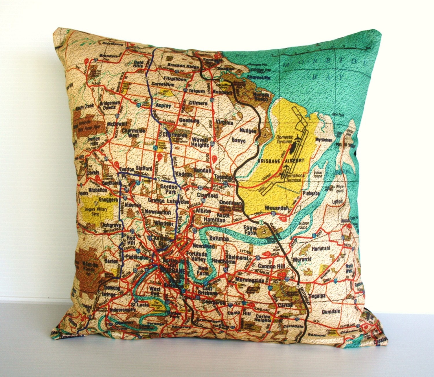 Decorative pillow cover, city maps BRISBANE Organic cotton map cushion cover, cushion cover, throw pillow 16x16
