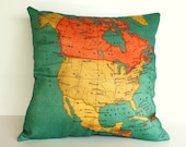cushion cover, pillow NORTH AMERICA Organic cotton map cushion, throw pillow  map pillow Decorative pillow 16 x 16 pillow