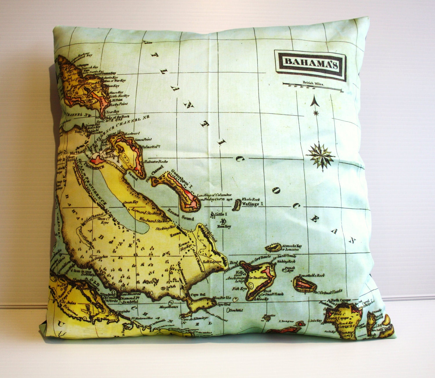 Throw pillow map cushion, THE BAHAMAS organic cotton cushion cover, 16x16 inch cushion 40cm pillow