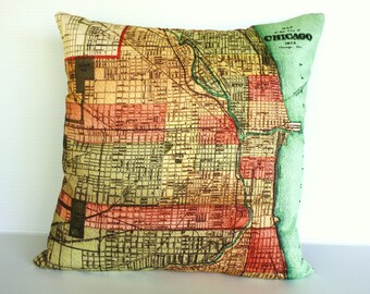 Decorative Pillow cover vintage city maps CHICAGO map cushion cover, organic cotton 16x16 inch pillow