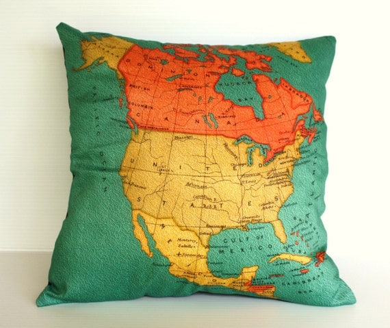 cushion cover, pillow NORTH AMERICA Organic cotton map cushion, throw pillow  map pillow Decorative pillow 16 x 16 pillow