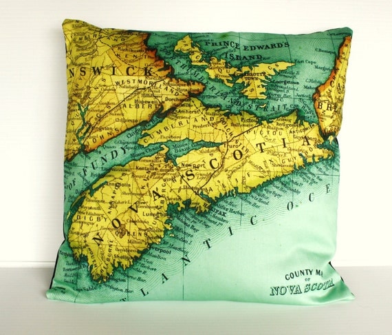 pillow cover, map decorative cushion NOVA SCOTIA map cushion, organic cotton, pillow cover 16x16